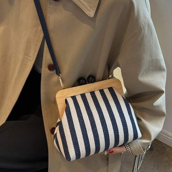Striped crossbody bag shoulder striped handbag purse wood magnetic clutch canvas - Picture 3 of 10